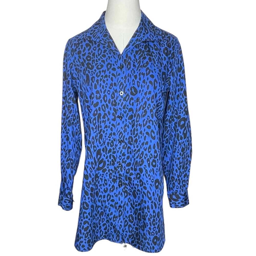 Chicoโs 0- Size 4 Blue and Black Leopard Print Long Sleeve Button Front Tunic